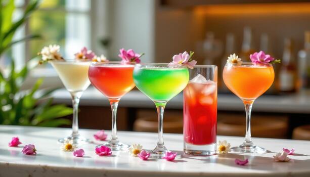 vistoso cócteles adornado con flores, arreglado en un mármol encimera suavemente iluminado por difundido luz de sol. foto