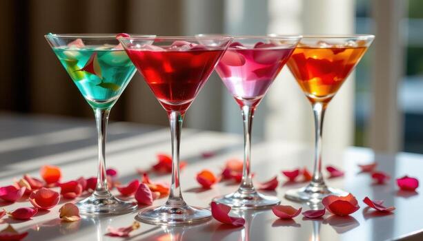 vistoso cócteles en alto lentes adornado con pétalos, suavemente iluminado por difundido natural ligero creando un calma ambiente foto