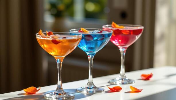 Colorful cocktails in crystal glasses adorned with petals, softly illuminated under diffused natural light casting subtle shadows. photo