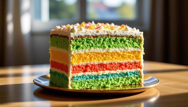 un arco iris capa pastel coronado con cremoso Crema capas, brillante naturalmente debajo difundido luz en un pulido superficie. foto