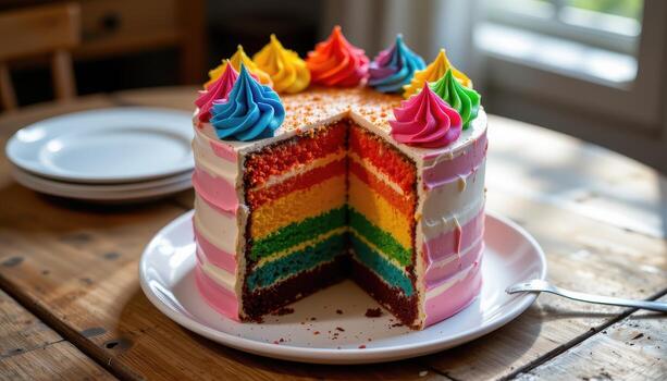 un arco iris capa pastel decorado con vistoso Crema picos, metido esmeradamente en un rústico mesa con difundido luz de sol. foto