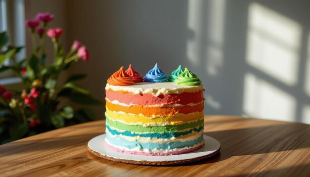 un arco iris capa pastel decorado con vibrante Crema picos, brillante suavemente en un de madera mesa con difundido luz de sol fundición amable oscuridad. foto