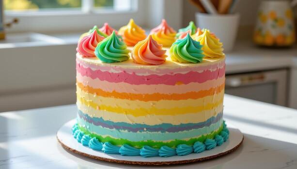 un arco iris capa pastel adornado con pastel Crema picos, descansando en un mármol encimera suavemente iluminado por difundido luz. foto