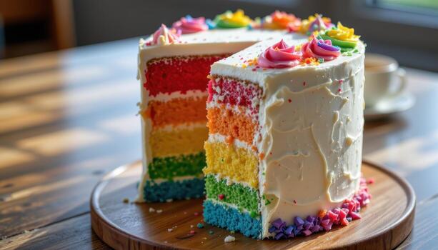 un arco iris capa pastel con capas de vibrante Crema, sentado esmeradamente en un de madera superficie debajo difundido luz. foto