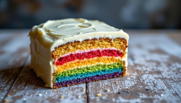 A rainbow layer cake topped with creamy frosting, glowing softly on a rustic surface under diffused ambient light. photo