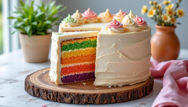 un arco iris capa pastel decorado con cremoso pastel Crema, arreglado en un rústico de madera tablero debajo difundido Mañana ligero. foto