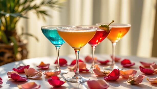 vistoso cócteles metido en un mesa, adornado con pétalos y brillante suavemente debajo difundido luz de sol. foto