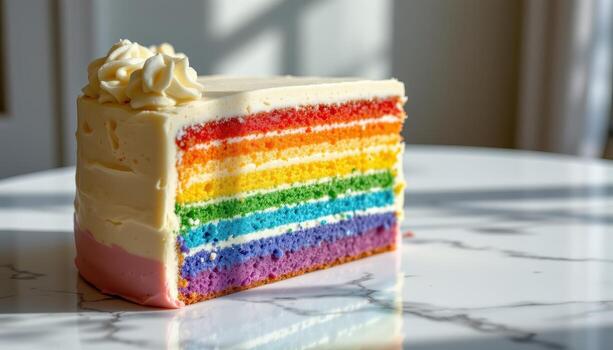 un arco iris capa pastel con suave cremoso Crema capas, descansando en un reflexivo mármol superficie suavemente iluminado por difundido luz de sol. foto