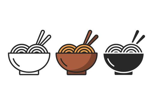 Stylized bowls of noodles with chopsticks in three different art styles vector