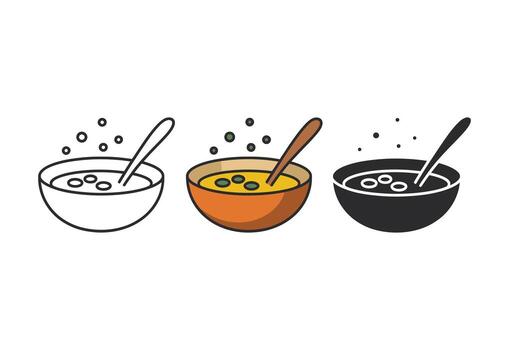 Three bowls of soup with spoons and bubbles in different styles vector