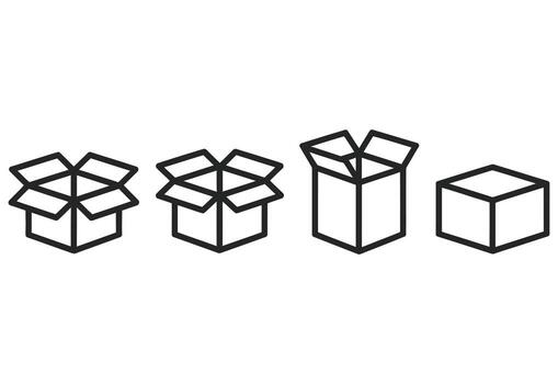 Line art icons of cardboard boxes in various open and closed states vector