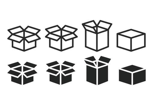 Set of open and closed cardboard box icons in outline and solid styles vector