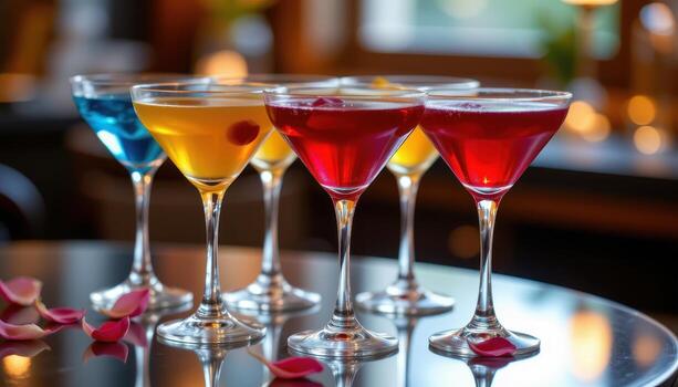 vistoso cócteles adornado con pétalos, metido esmeradamente en un reflexivo superficie con calentar difundido ligero destacando su colores. foto