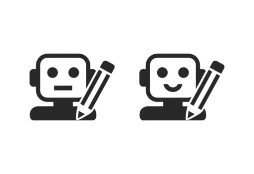 Robot icons showing different expressions holding pencils vector
