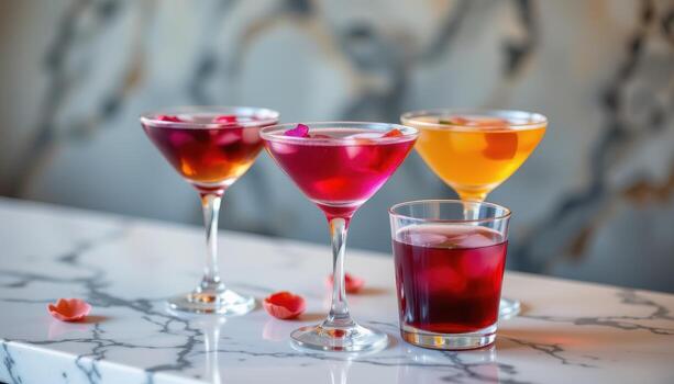 Colorful cocktails with floating petals, arranged elegantly on a marble countertop with soft diffused ambient light. photo