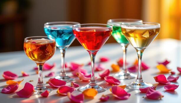 vistoso cócteles en elegante lentes con pétalos, arreglado debajo difundido calentar ligero creando un sereno y vibrante composición. foto