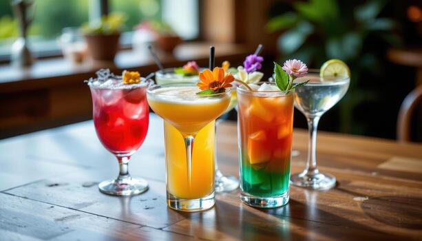 vistoso cócteles decorado con flores, metido en un suave de madera mesa suavemente iluminado por difundido natural ligero. foto