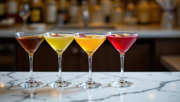 vistoso cócteles con pétalos flotante en arriba, arreglado esmeradamente en un mármol encimera debajo suave difundido ligero. foto