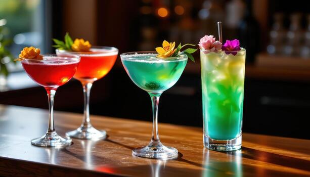 vistoso cócteles con floral guarnaciones, suavemente brillante debajo difundido luz en un reflexivo de madera superficie, creando un calma y elegante escena. foto