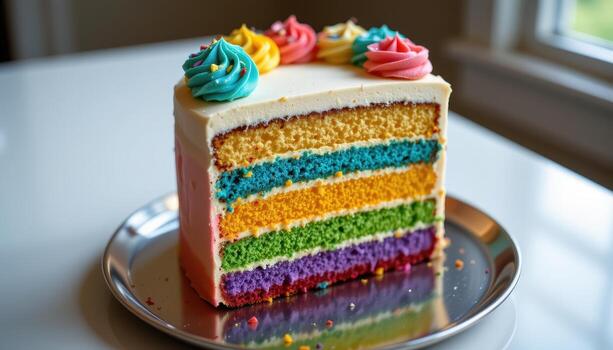 un arco iris capa pastel con capas de brillante Crema, fotografiado debajo difundido natural ligero en un reflexivo superficie. foto