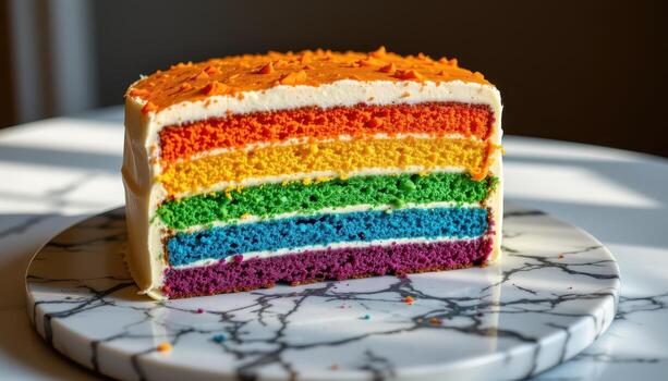 un arco iris capa pastel con capas de vibrante Crema, descansando en un mármol plato debajo cálido, difundido ligero. foto