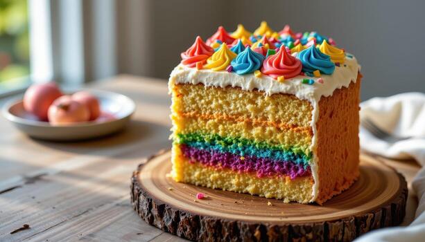 un arco iris capa pastel coronado con vistoso Crema, metido en un rústico de madera tablero debajo amable difundido luz de sol. foto