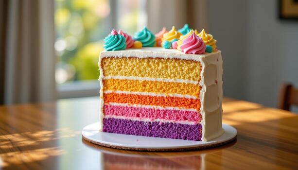 un arco iris capa pastel adornado con pastel Crema remolinos, metido en un pulido reflexivo superficie suavemente iluminado por difundido luz de sol. foto