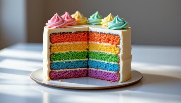 A rainbow layer cake adorned with pastel frosting peaks, resting elegantly on a reflective surface softly glowing in diffused light. photo