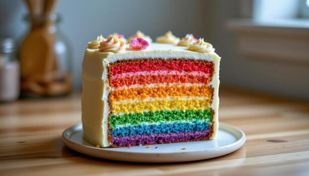 A rainbow layer cake topped with creamy frosting layers, placed on a wooden countertop softly glowing under diffused ambient light. photo