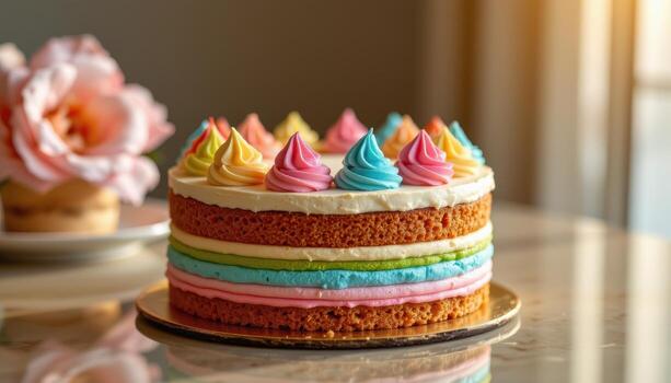 un arco iris capa pastel adornado con pastel Crema picos, arreglado esmeradamente en un reflexivo superficie debajo calentar difundido luz de sol. foto