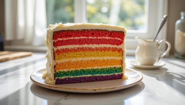 un arco iris capa pastel coronado con cremoso Crema capas, descansando esmeradamente en un mármol encimera debajo difundido luz de sol. foto