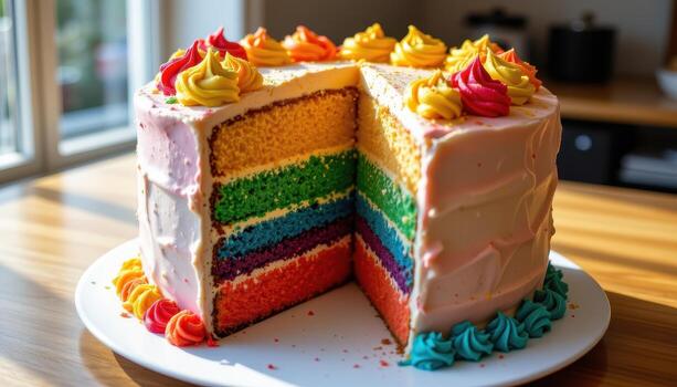 un arco iris capa pastel decorado con vibrante Crema capas, descansando en un de madera encimera bañado en difundido Mañana ligero destacando el colores. foto