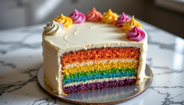 un arco iris capa pastel adornado con cremoso Crema remolinos, descansando esmeradamente en un mármol encimera con difundido ligero enfatizando cada capa. foto