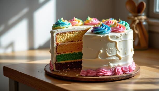 un arco iris capa pastel adornado con arremolinado pastel Crema, descansando en un de madera encimera iluminado suavemente por difundido luz de sol. foto