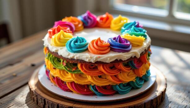 un arco iris capa pastel decorado con vibrante Crema remolinos, metido en un rústico de madera superficie brillante suavemente debajo difundido luz. foto