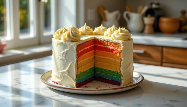 un arco iris capa pastel con cremoso Crema picos, descansando esmeradamente en un mármol encimera iluminado por difundido luz de sol y sutil reflexiones foto