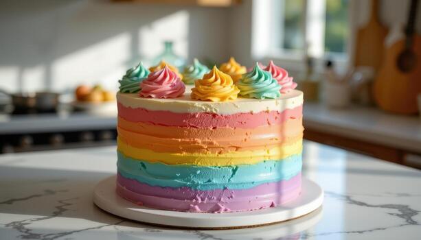 un arco iris capa pastel coronado con pastel Crema picos, descansando en un mármol encimera suavemente reflejando difundido luz de sol. foto