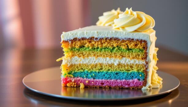 un arco iris capa pastel con cremoso Crema remolinos, descansando esmeradamente en un reflexivo superficie debajo calentar difundido ligero destacando cada capa. foto