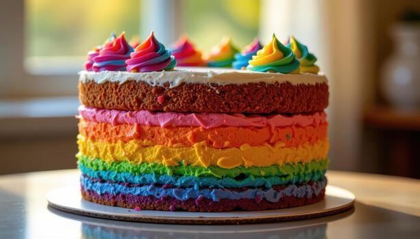 un arco iris capa pastel con vibrante Crema picos, metido en un reflexivo superficie suavemente iluminado por calentar difundido luz de sol. foto