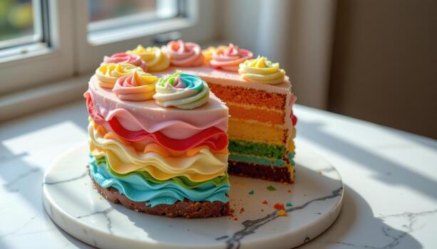 un arco iris capa pastel decorado con pastel arremolinado Crema, metido en un mármol plato iluminado suavemente por difundido luz de sol. foto