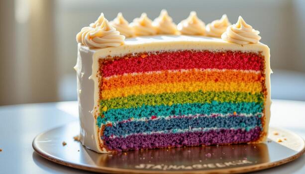 un arco iris capa pastel decorado con cremoso Crema picos, metido en un reflexivo superficie suavemente brillante debajo difundido luz de sol. foto