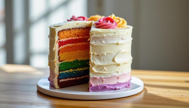 un arco iris capa pastel con suave arco iris Crema, metido en un de madera encimera debajo difundido natural ligero creando un sereno composición. foto