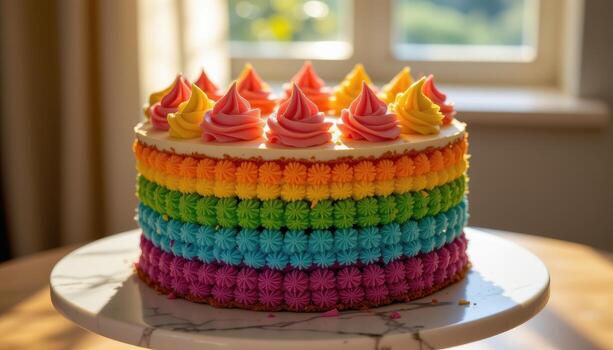 un arco iris capa pastel coronado con pastel Crema picos, arreglado en un mármol plato suavemente iluminado por calentar difundido luz de sol. foto