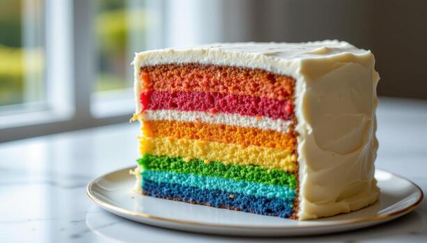 A rainbow layer cake with smooth frosting layers, resting elegantly on a polished surface under diffused natural light. photo