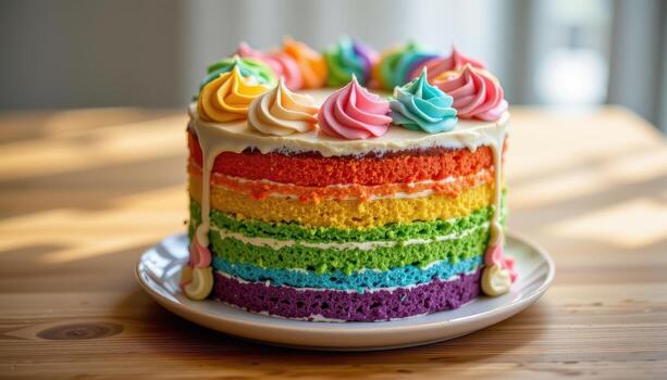A rainbow layer cake adorned with pastel frosting swirls, placed elegantly on a wooden surface softly illuminated by diffused light. photo