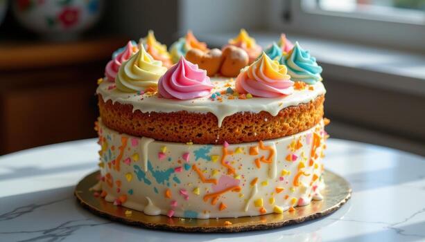 un arco iris capa pastel adornado con pastel arremolinado Crema, descansando esmeradamente en un pulido superficie suavemente iluminado por difundido ligero. foto