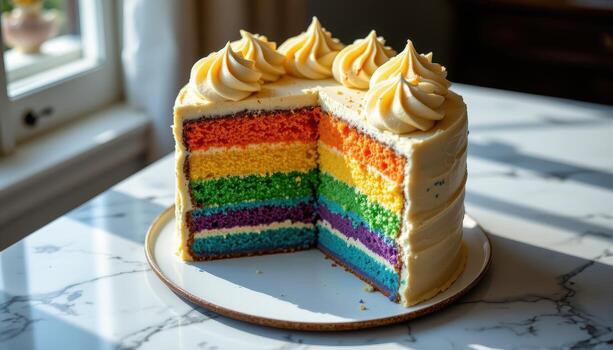 un arco iris capa pastel coronado con cremoso arremolinado Crema, metido en un pulido mármol superficie suavemente iluminado por difundido luz de sol. foto