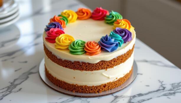 A rainbow layer cake topped with vibrant frosting swirls, placed on a marble countertop softly reflecting diffused light. photo