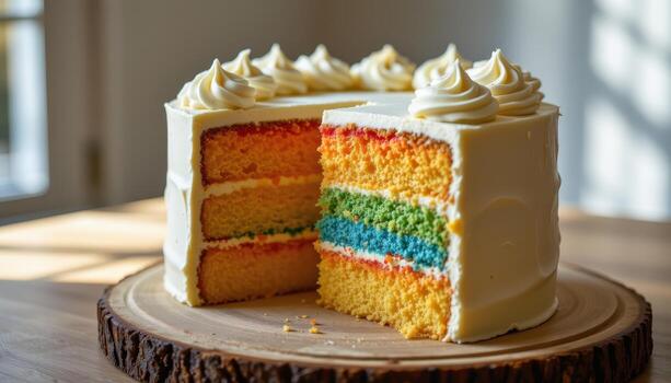 un arco iris capa pastel decorado con cremoso Crema picos, metido en un rústico tablero debajo suave difundido luz de sol. foto