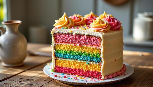 un arco iris capa pastel adornado con pastel Crema remolinos, descansando esmeradamente en un rústico mesa suavemente brillante debajo difundido luz de sol. foto